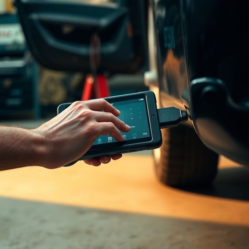 Mechanik používá diagnostický tablet připojený k OBD portu vozidla