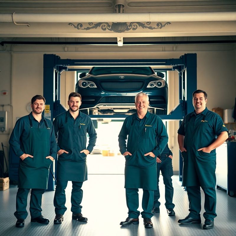 Skupinový portrét čtyř automechaniků v lesně zelených zástěrách