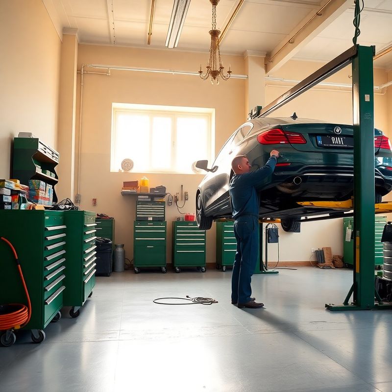 Čistá dílna autoservisu TAFELROND INVEST s lesně zelenými skříněmi a krémovými stěnami
